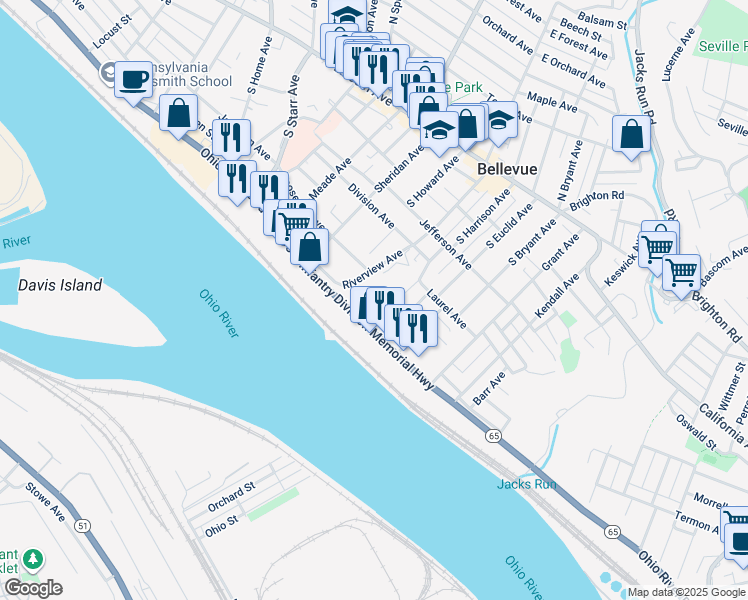 map of restaurants, bars, coffee shops, grocery stores, and more near East Carson Street in Pittsburgh