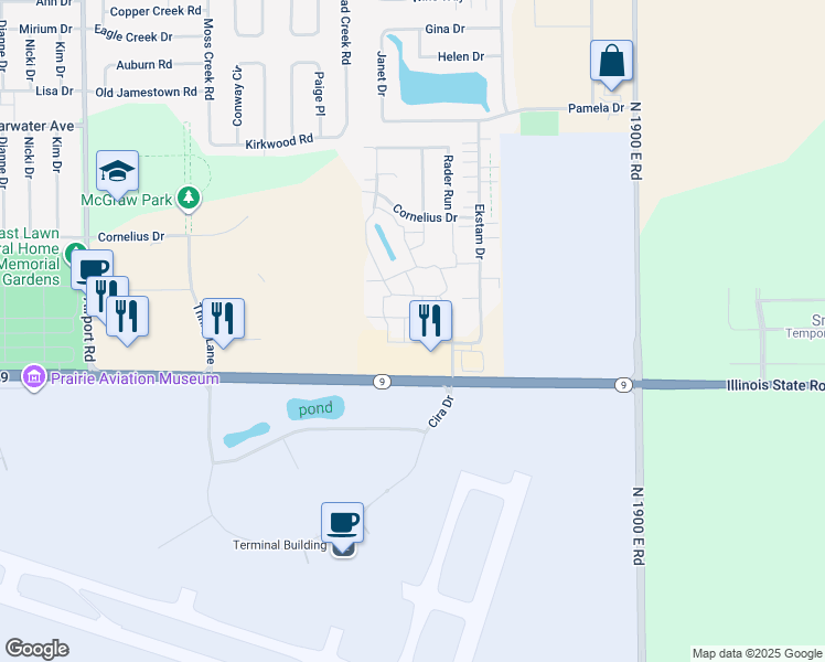 map of restaurants, bars, coffee shops, grocery stores, and more near 3212 Gerig Drive in Bloomington