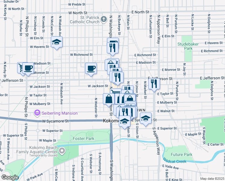 map of restaurants, bars, coffee shops, grocery stores, and more near 400 North Washington Street in Kokomo