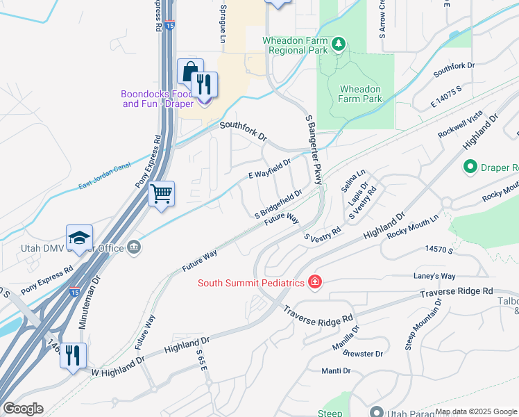 map of restaurants, bars, coffee shops, grocery stores, and more near 14398 Dreamfield Drive in Draper