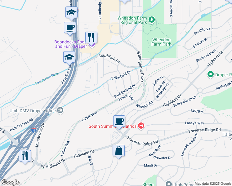 map of restaurants, bars, coffee shops, grocery stores, and more near 14398 Dreamfield Drive in Draper