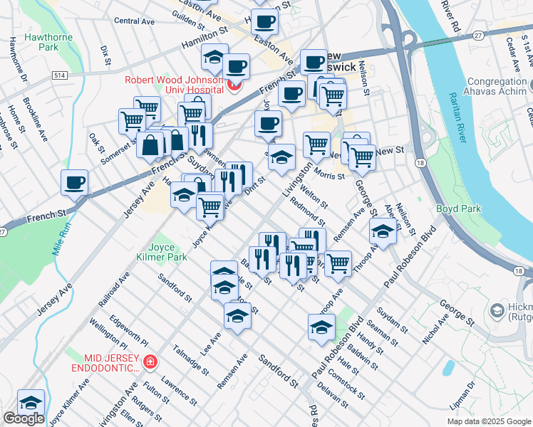 map of restaurants, bars, coffee shops, grocery stores, and more near in New Brunswick