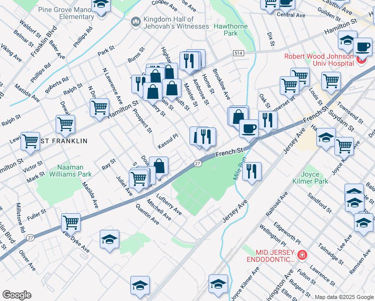 map of restaurants, bars, coffee shops, grocery stores, and more near 16 Henry Street in Franklin Township