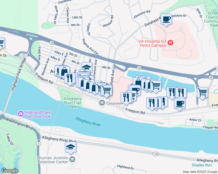 map of restaurants, bars, coffee shops, grocery stores, and more near 123 Delafield Road in Pittsburgh
