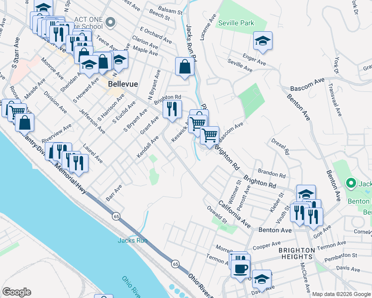 map of restaurants, bars, coffee shops, grocery stores, and more near 32 East Roseridge Street in Pittsburgh