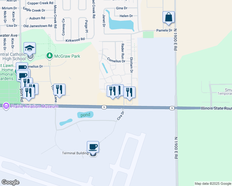 map of restaurants, bars, coffee shops, grocery stores, and more near 3212 Gerig Drive in Bloomington