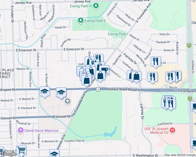 map of restaurants, bars, coffee shops, grocery stores, and more near 3 Towanda Service Road in Bloomington