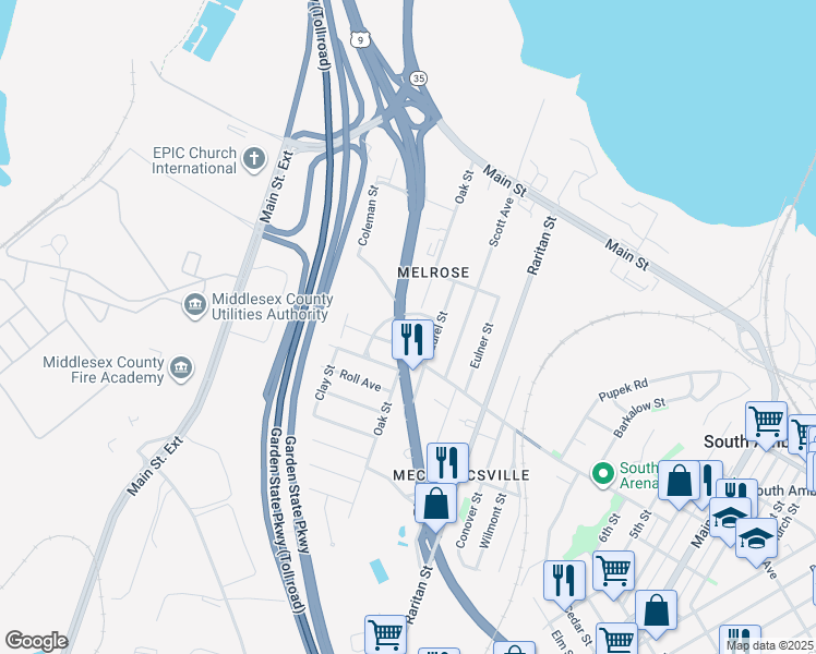 map of restaurants, bars, coffee shops, grocery stores, and more near 9-35 Oak Street in South Amboy