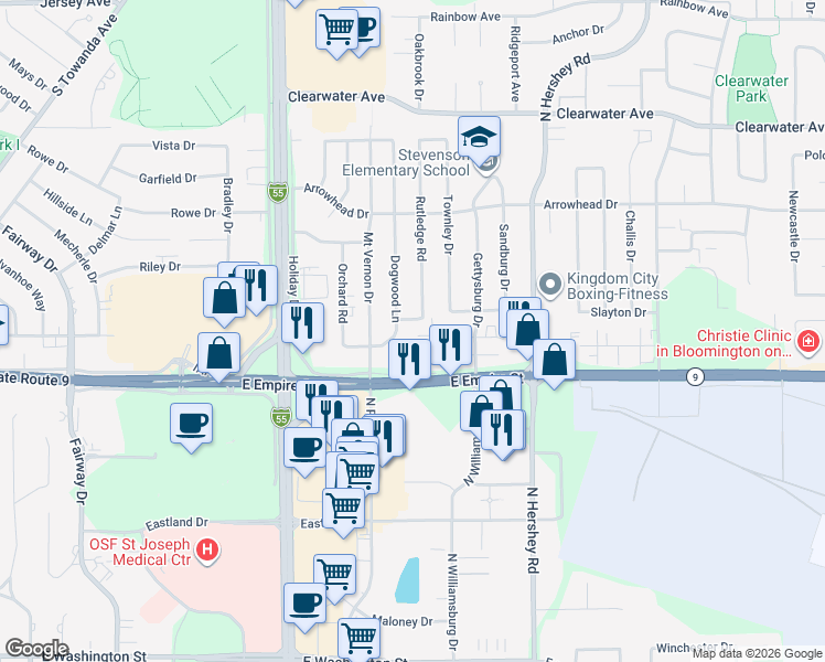 map of restaurants, bars, coffee shops, grocery stores, and more near 1209 Dogwood Lane in Bloomington