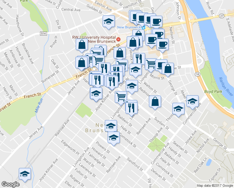 map of restaurants, bars, coffee shops, grocery stores, and more near 259 Seaman Street in New Brunswick