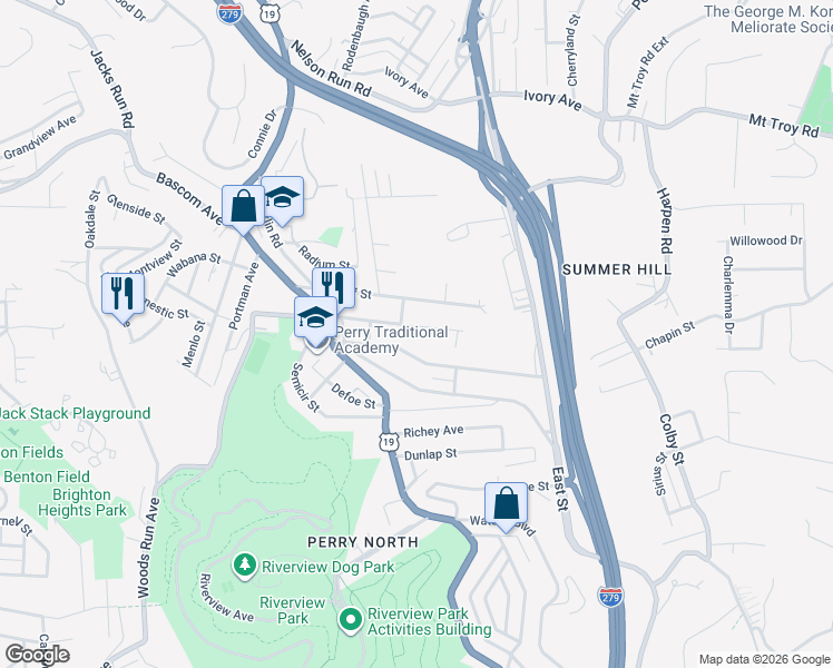 map of restaurants, bars, coffee shops, grocery stores, and more near 223 Bonvue Street in Pittsburgh