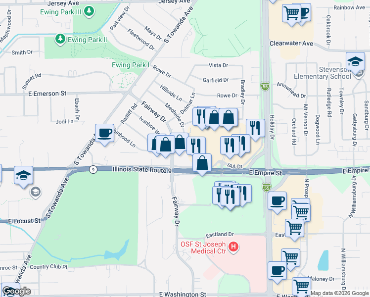 map of restaurants, bars, coffee shops, grocery stores, and more near 303 Robinhood Lane in Bloomington