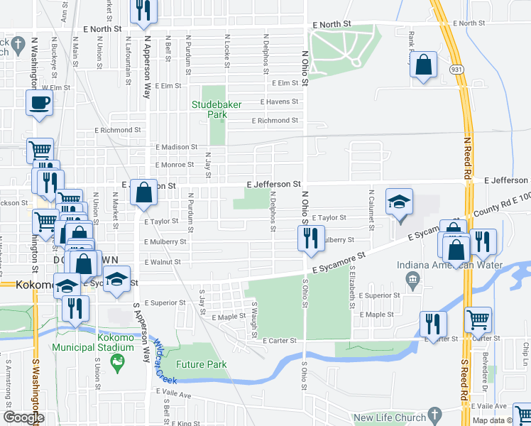 map of restaurants, bars, coffee shops, grocery stores, and more near 1012 East Taylor Street in Kokomo