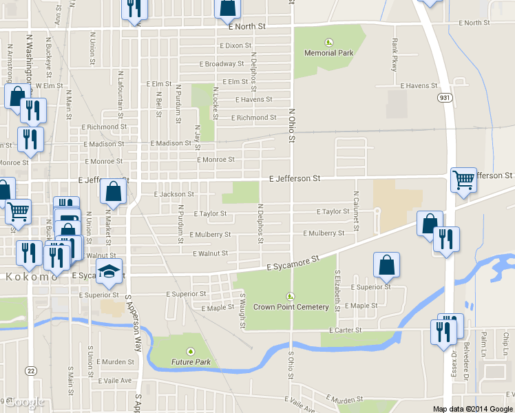map of restaurants, bars, coffee shops, grocery stores, and more near 1018 East Taylor Street in Kokomo
