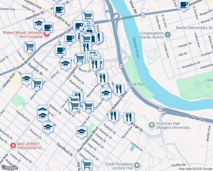 map of restaurants, bars, coffee shops, grocery stores, and more near 50 Hassart Street in New Brunswick