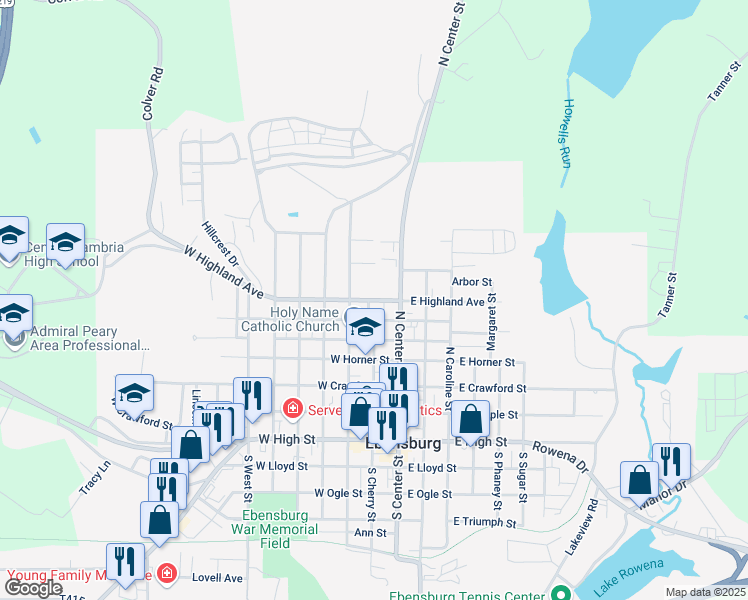 map of restaurants, bars, coffee shops, grocery stores, and more near 205 West Highland Avenue in Ebensburg