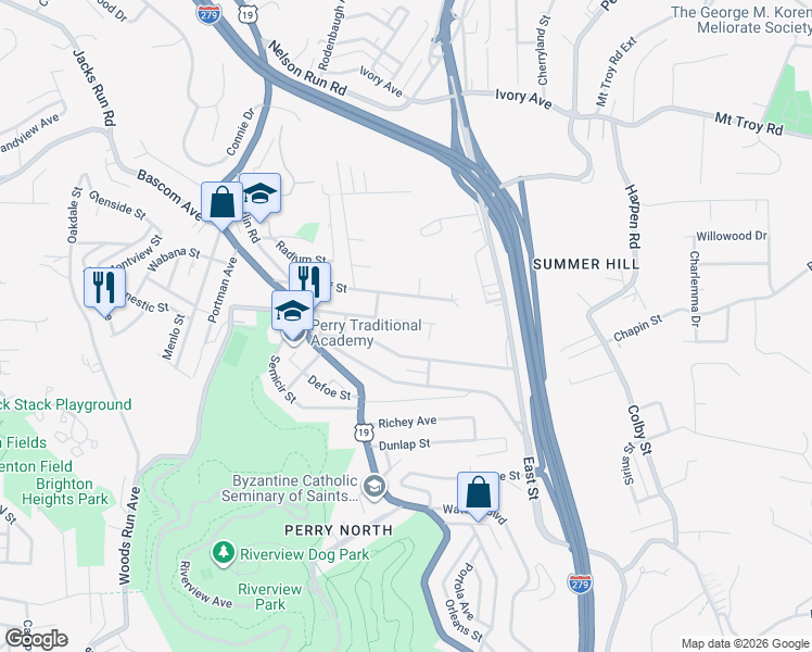 map of restaurants, bars, coffee shops, grocery stores, and more near 223 Bonvue Street in Pittsburgh