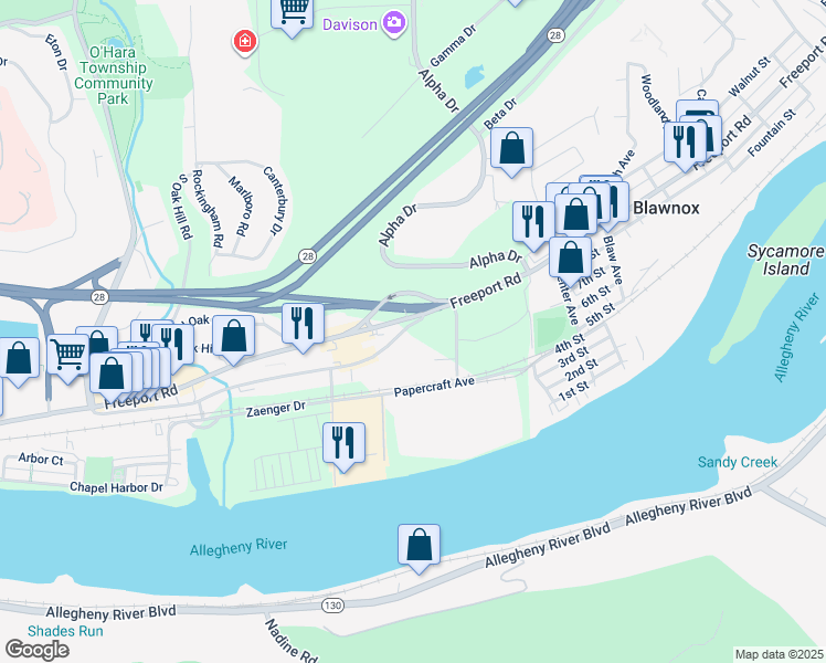 map of restaurants, bars, coffee shops, grocery stores, and more near 1386 Old Freeport Road in Pittsburgh