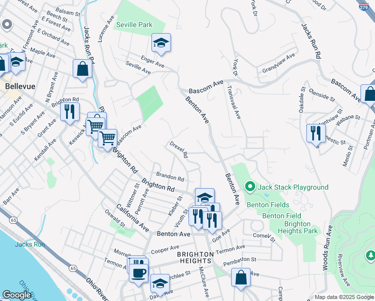 map of restaurants, bars, coffee shops, grocery stores, and more near 1275 San Pedro Street in Pittsburgh