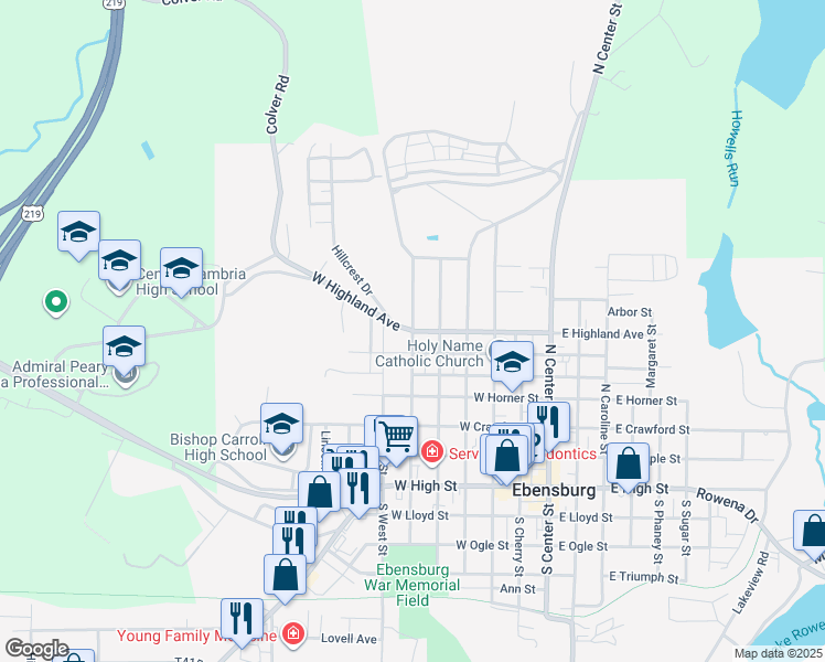 map of restaurants, bars, coffee shops, grocery stores, and more near 699 N Spruce St in Ebensburg