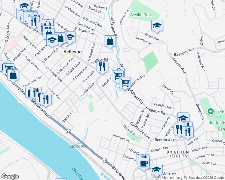 map of restaurants, bars, coffee shops, grocery stores, and more near 32 East Roseridge Street in Pittsburgh