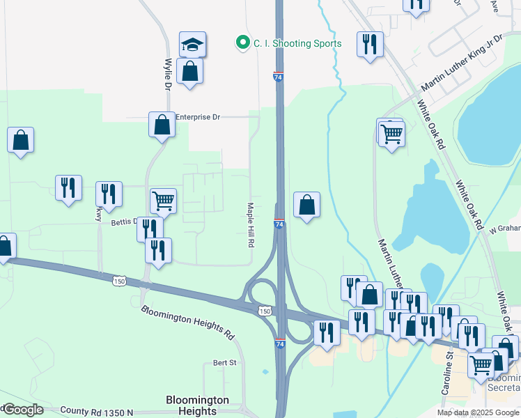 map of restaurants, bars, coffee shops, grocery stores, and more near 1021 Maple Hill Road in Bloomington