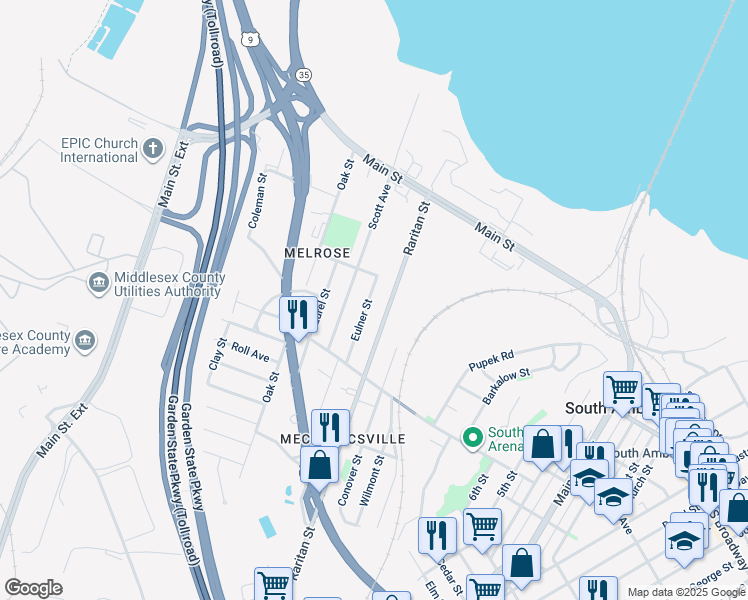 map of restaurants, bars, coffee shops, grocery stores, and more near 17 Eulner Street in South Amboy