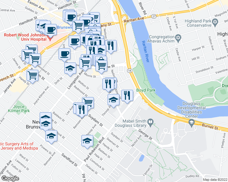 map of restaurants, bars, coffee shops, grocery stores, and more near 50 Hassart Street in New Brunswick