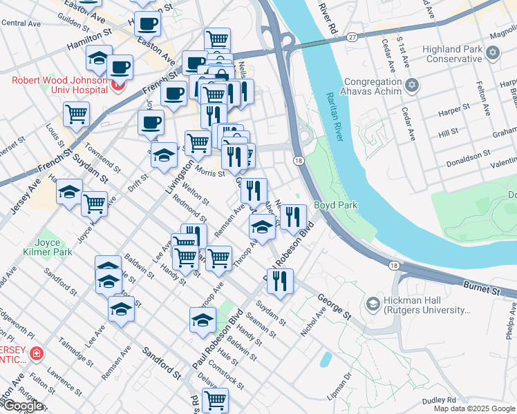 map of restaurants, bars, coffee shops, grocery stores, and more near 71 Hassart Street in New Brunswick