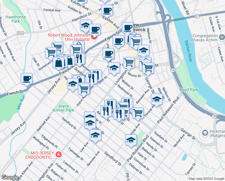 map of restaurants, bars, coffee shops, grocery stores, and more near in New Brunswick