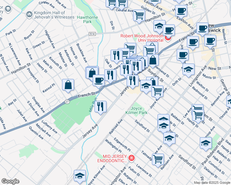 map of restaurants, bars, coffee shops, grocery stores, and more near 71 Jersey Avenue in New Brunswick
