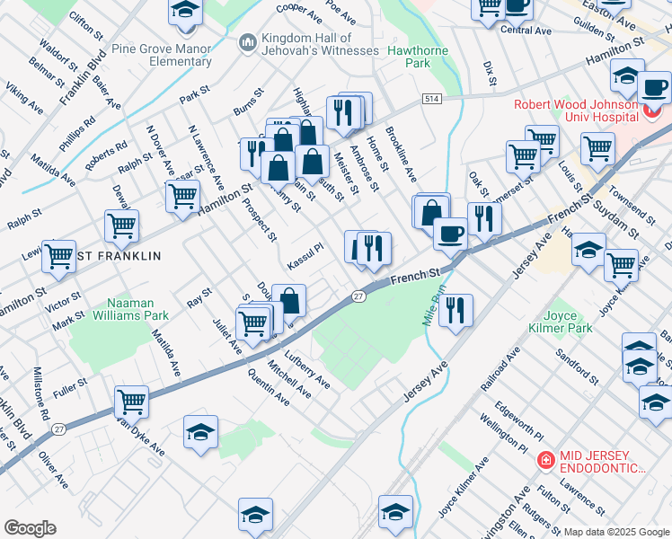 map of restaurants, bars, coffee shops, grocery stores, and more near 16 Henry Street in Franklin Township