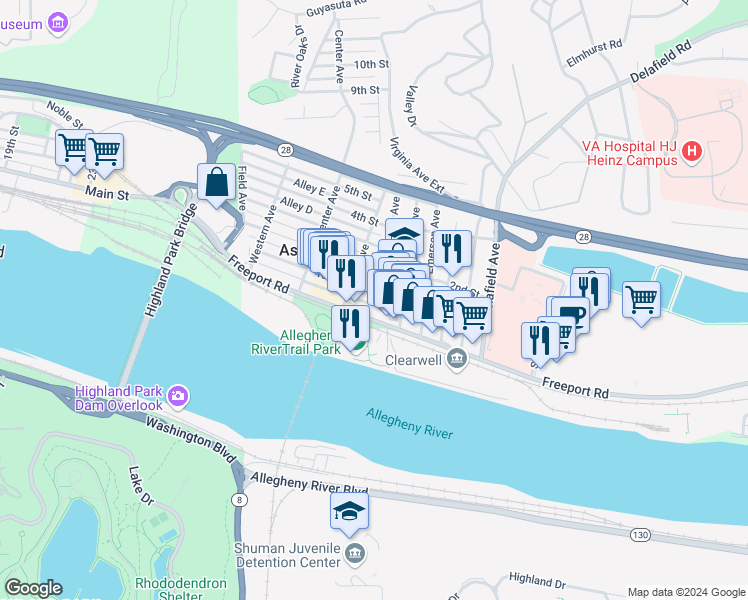 map of restaurants, bars, coffee shops, grocery stores, and more near 353 Freeport Road in Aspinwall