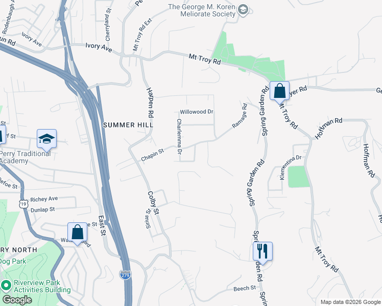 map of restaurants, bars, coffee shops, grocery stores, and more near 307 Charlemma Drive in Pittsburgh