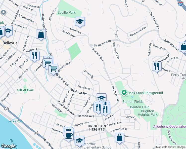 map of restaurants, bars, coffee shops, grocery stores, and more near 1275 San Pedro Street in Pittsburgh