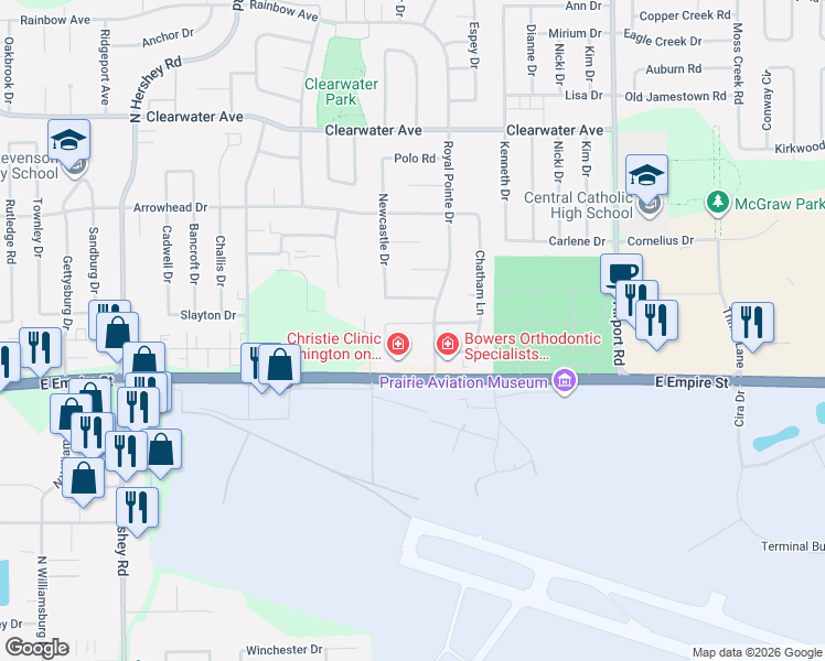 map of restaurants, bars, coffee shops, grocery stores, and more near 2707 Brighton Lane in Bloomington