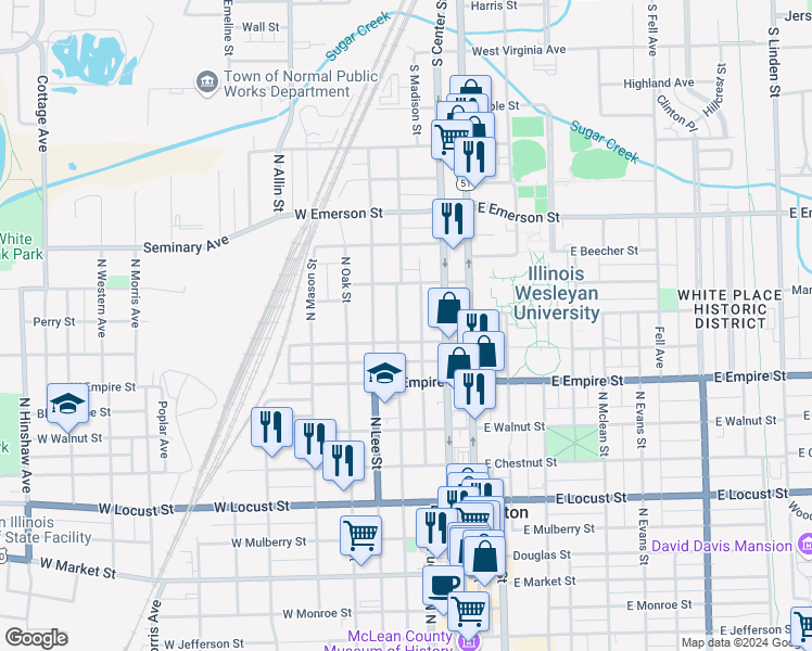 map of restaurants, bars, coffee shops, grocery stores, and more near 1201 North Roosevelt Avenue in Bloomington