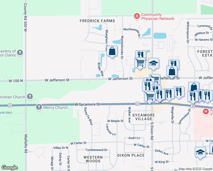 map of restaurants, bars, coffee shops, grocery stores, and more near 2825 West Jefferson Street in Kokomo