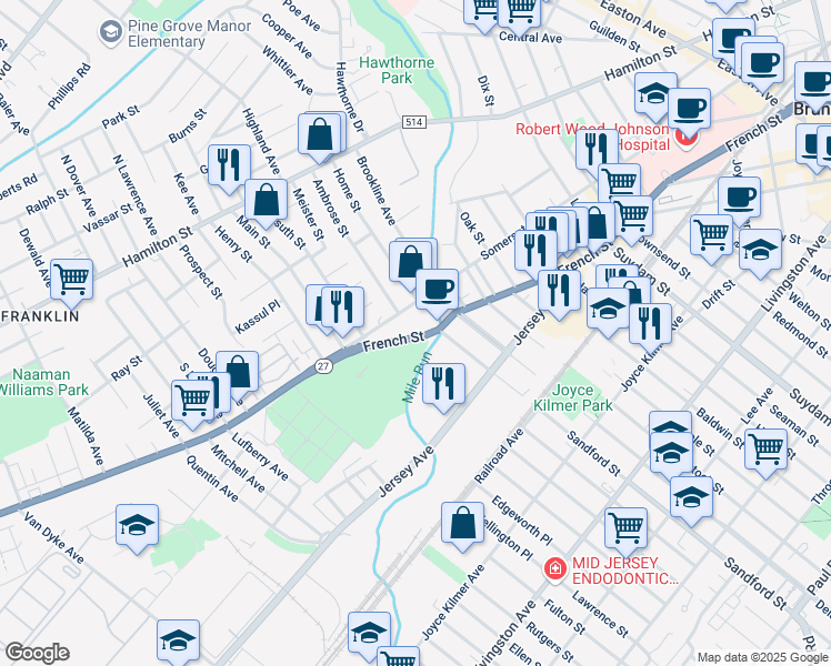 map of restaurants, bars, coffee shops, grocery stores, and more near 261 French Street in New Brunswick