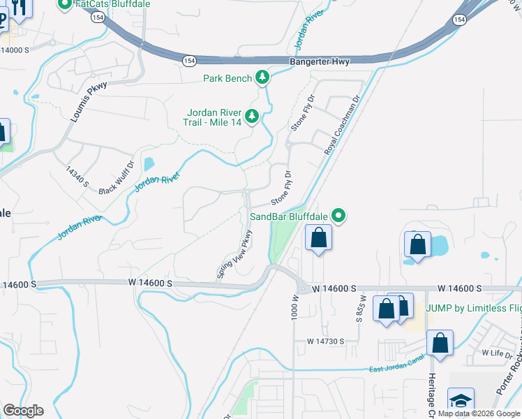 map of restaurants, bars, coffee shops, grocery stores, and more near 14387 Spring View Parkway in Bluffdale