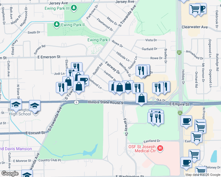 map of restaurants, bars, coffee shops, grocery stores, and more near 224 Sherwood Way in Bloomington