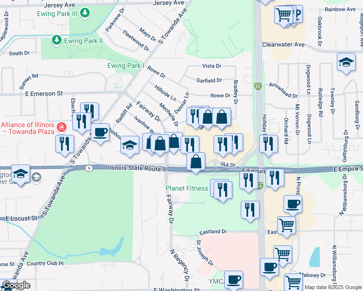 map of restaurants, bars, coffee shops, grocery stores, and more near 318 Mecherle Drive in Bloomington
