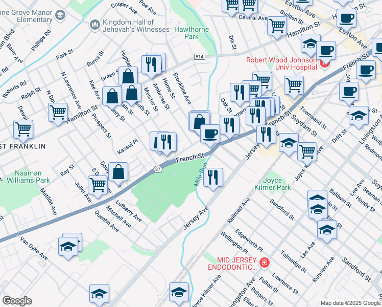 map of restaurants, bars, coffee shops, grocery stores, and more near 400 Somerset Street in New Brunswick