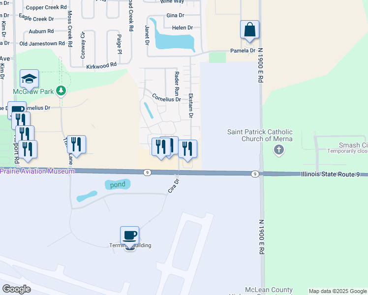 map of restaurants, bars, coffee shops, grocery stores, and more near 3302 Gerig Drive in Bloomington