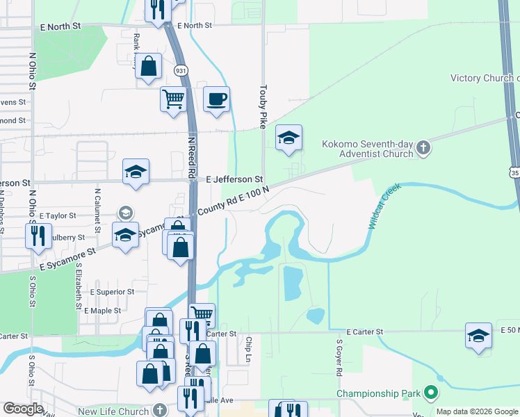 map of restaurants, bars, coffee shops, grocery stores, and more near Bent Creek Road in Kokomo