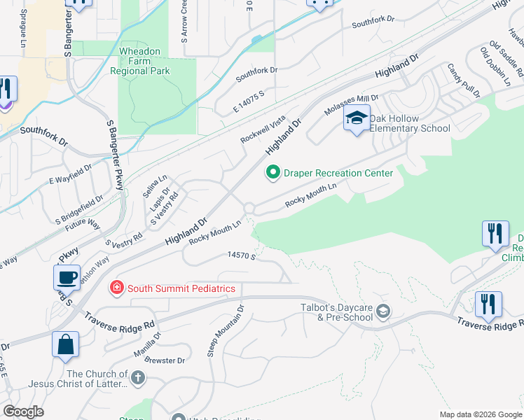 map of restaurants, bars, coffee shops, grocery stores, and more near 645 Rocky Mouth Lane in Draper