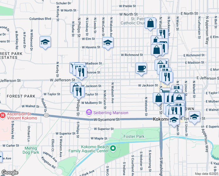 map of restaurants, bars, coffee shops, grocery stores, and more near 816 West Taylor Street in Kokomo