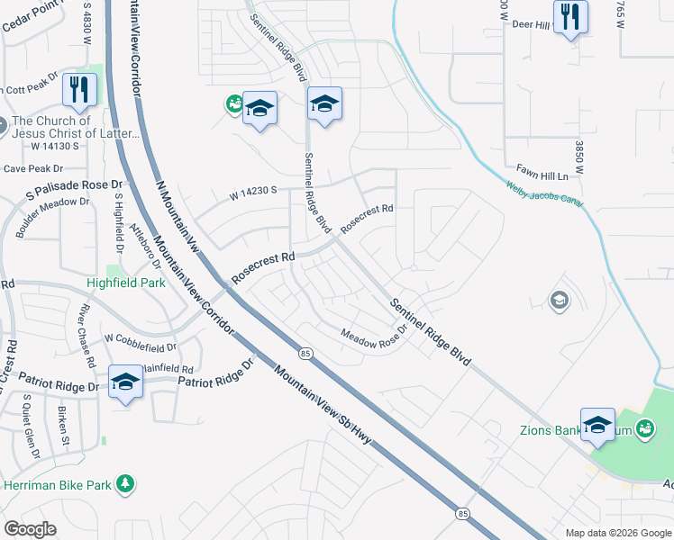 map of restaurants, bars, coffee shops, grocery stores, and more near 14367 South Sherwell Court in Herriman