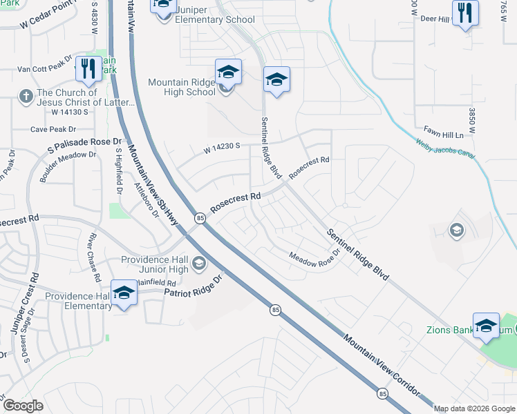 map of restaurants, bars, coffee shops, grocery stores, and more near 14392 South Ferndale Way in Herriman
