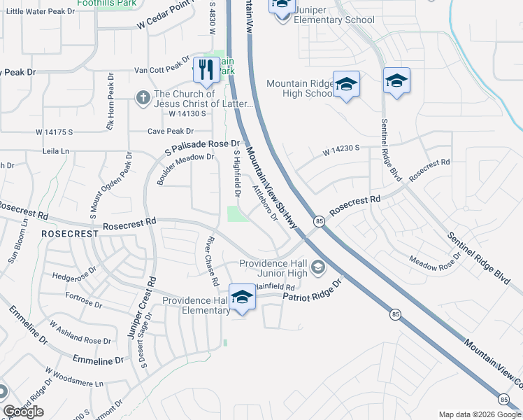 map of restaurants, bars, coffee shops, grocery stores, and more near 14417 South Highfield Drive in Herriman